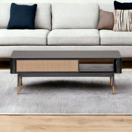 47" Black and Brown Solid Wood And Steel Coffee Table With Drawer And Shelf