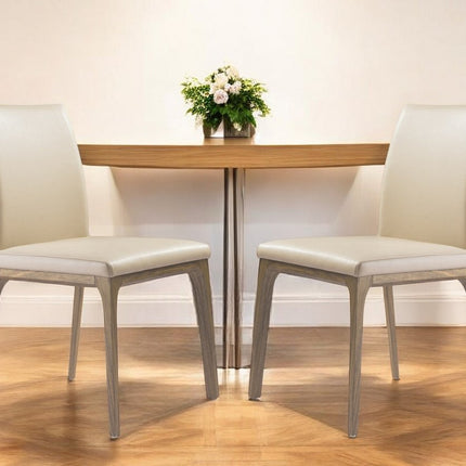 Set of Two Taupe and Brown Upholstered Faux Leather Dining Side Chairs