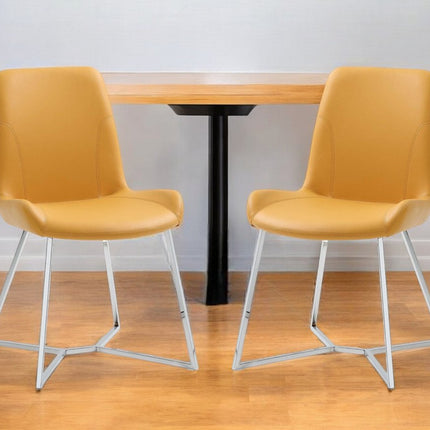 Set of Two Orange and Silver Upholstered Dining Side Chairs
