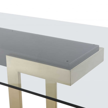 87" Clear And Gold Glass And Stainless Steel Double Pedestal Base Dining Table