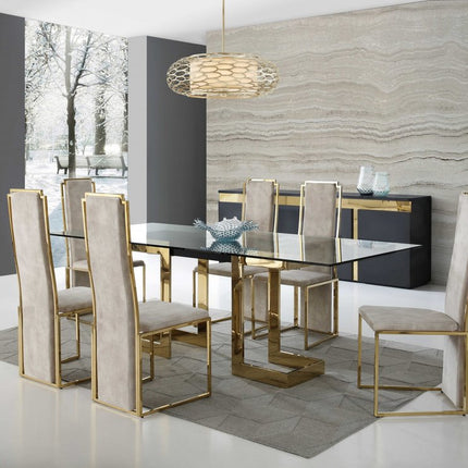 87" Clear And Gold Glass And Stainless Steel Double Pedestal Base Dining Table