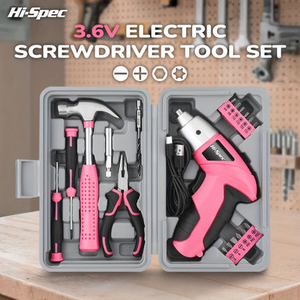 Hi-Spec Pink 3.6v Electric Screwdriver + Hand Tool Set Compact Handheld, Includes Hammer, Pliers,