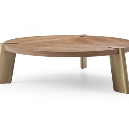55" Brown and Gold Wood And Stainless Steel Round Coffee Table