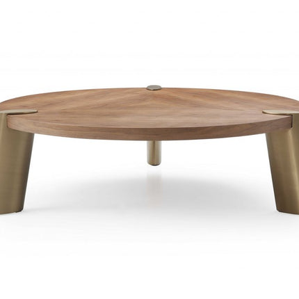 55" Brown and Gold Wood And Stainless Steel Round Coffee Table