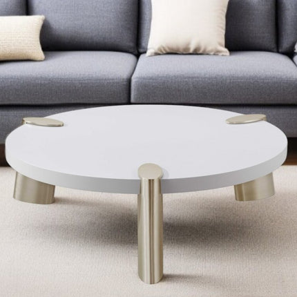 40" White And Gold Stainless Steel Round Coffee Table