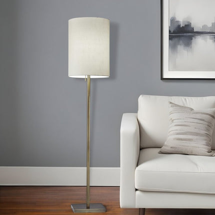 61" Brass Metal Floor Lamp With White Fabric Cylinder Shade