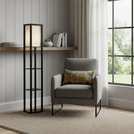 72" Black And White Solid Wood Column With White Cotton Shade