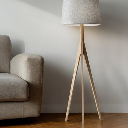 59" Natural Solid Wood Tripod Floor Lamp With Gray Fabric Empire Shade