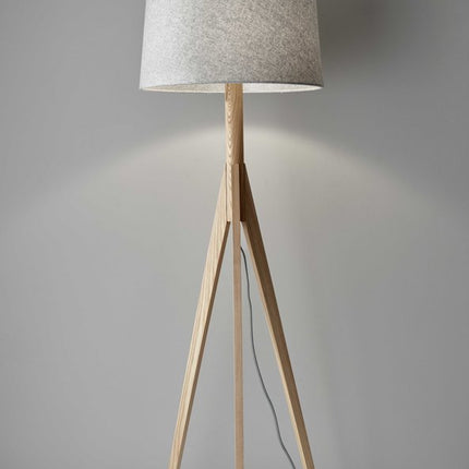 59" Natural Solid Wood Tripod Floor Lamp With Gray Fabric Empire Shade