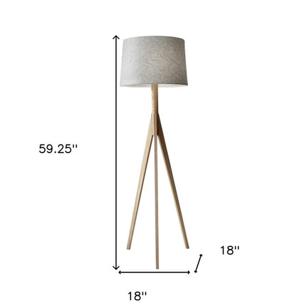 59" Natural Solid Wood Tripod Floor Lamp With Gray Fabric Empire Shade