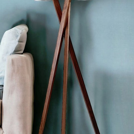 63" Brown And White Solid Wood Tripod Floor Lamp With White Linen Drum Shade