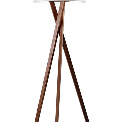 63" Brown And White Solid Wood Tripod Floor Lamp With White Linen Drum Shade