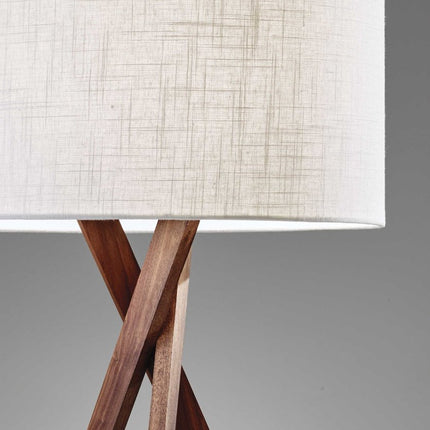 63" Brown And White Solid Wood Tripod Floor Lamp With White Linen Drum Shade
