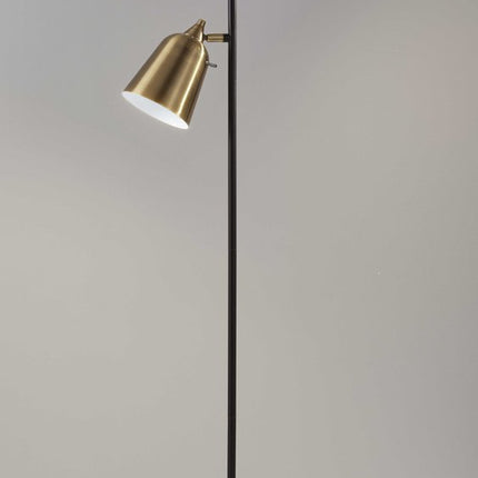 58" Black Two Light Task Floor Lamp With Antiqued Brass Metal Cone Shade
