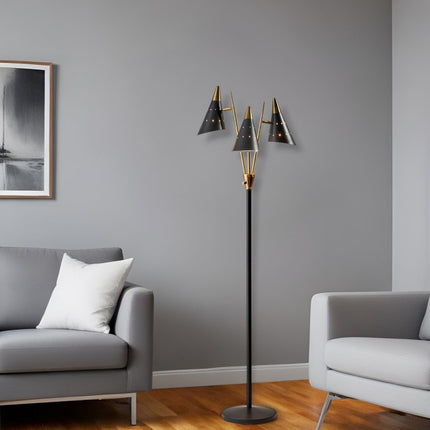 66" Black And Gold Metal Three Light Novelty Floor Lamp With Black Metal Cone Shade