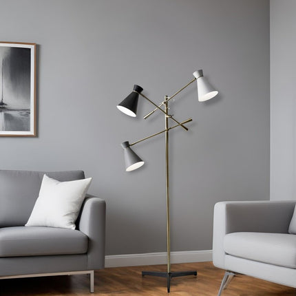 71" Brass Metal Novelty Floor Lamp With Black And White Iron Cone Shade