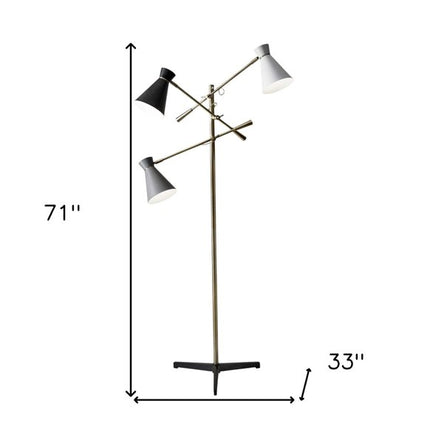 71" Brass Metal Novelty Floor Lamp With Black And White Iron Cone Shade