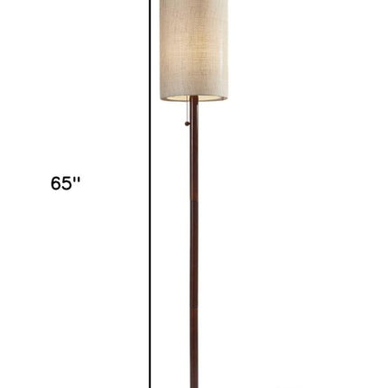 65" Brown Solid Wood Floor Lamp With Beige Linen Drum Shade