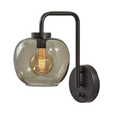Smoked Glass Globe Shade With Vintage Edison Bulb And Matte Black Metal Wall Lamp