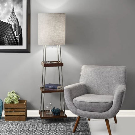 63" Brown And White Column Floor Lamp With White Fabric Drum Shade