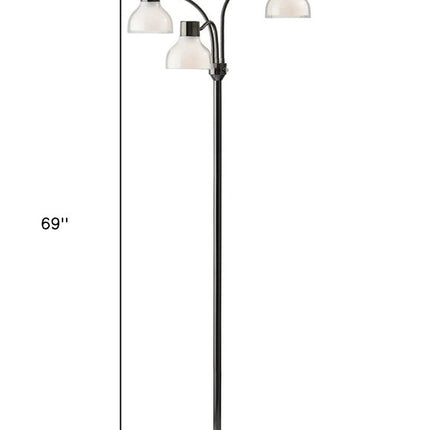 69" Black And White Metal Three Light Tree Floor Lamp With White Bowl Shade