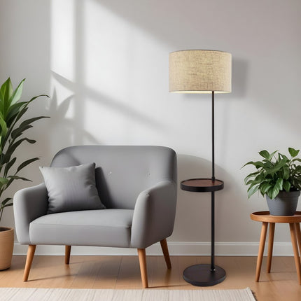 64" Beige And Black Tray Table Floor Lamp With Beige Fabric Drum Shade