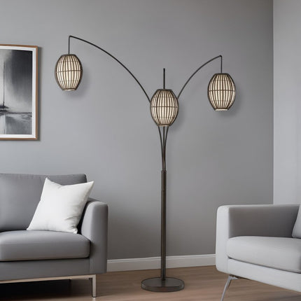 82" Bronze Three Light Tree Floor Lamp With Beige Wicker Cage Shade