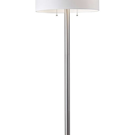 61" Silver Two Light Floor Lamp With White Fabric Drum Shade