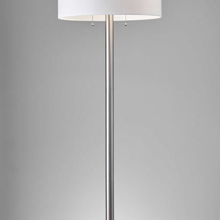 61" Silver Two Light Floor Lamp With White Fabric Drum Shade