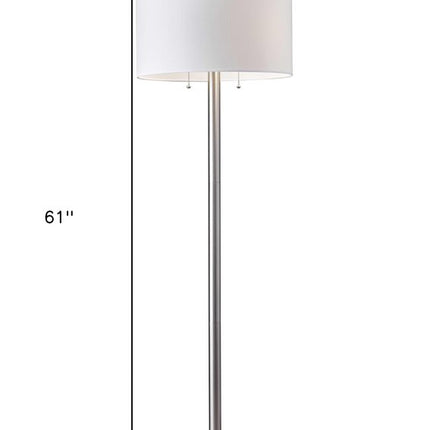 61" Silver Two Light Floor Lamp With White Fabric Drum Shade