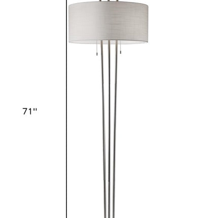 71" Silver Metal Two Light Floor Lamp With White Linen Drum Shade