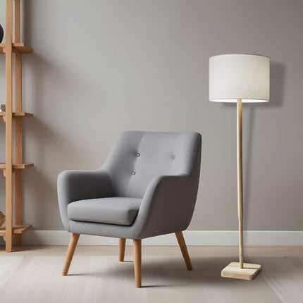 59" Natural Solid Wood Floor Lamp With White Linen Drum Shade