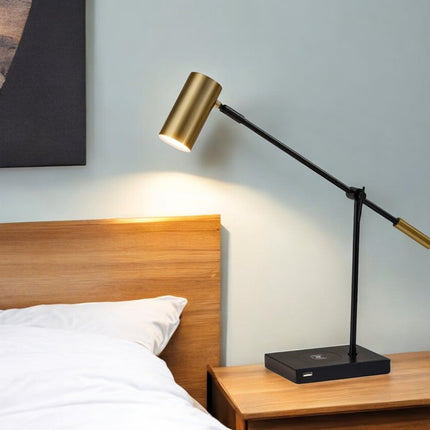 22" Black Metal Swing Arm LED Desk Lamp With USB And Antiqued Gold Cylinder Shade