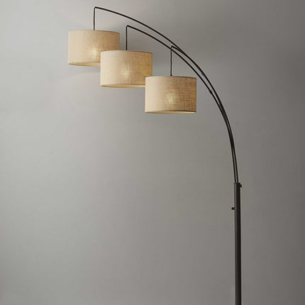 74" Bronze Three Light Tree Floor Lamp With Beige Burlap Drum Shade
