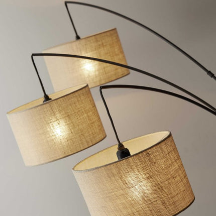 74" Bronze Three Light Tree Floor Lamp With Beige Burlap Drum Shade