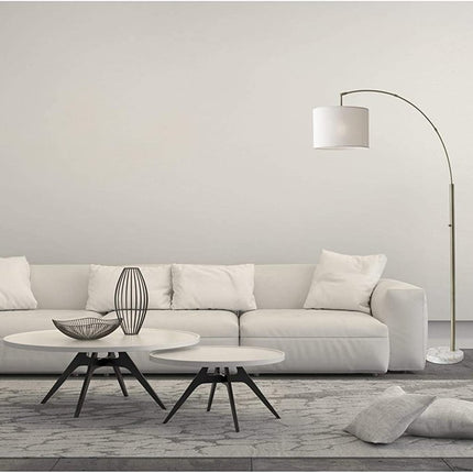 74" Brass Metal Arc Floor Lamp With Off White Linen Drum Shade