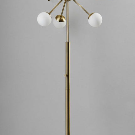 64" Brass Six Light LED Novelty Floor Lamp With White Glass Globe Shades