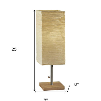 25" Natural Solid Wood And Silver Metal Table Lamp Beige Paper Shade