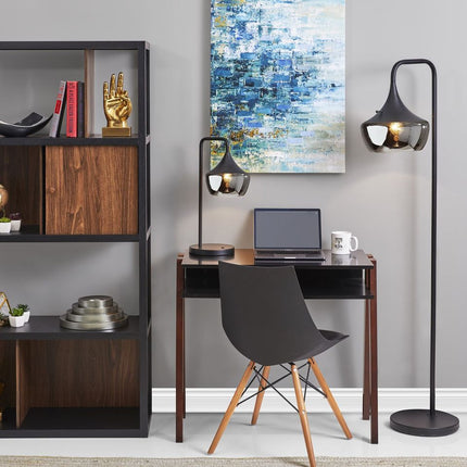 64" Black Task Floor Lamp With Black Glass Bowl Shade