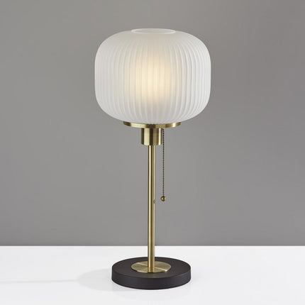 22" Antiqued Brass Table Lamp With White Ribbed Frosted Glass Dome Shade