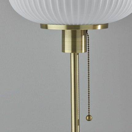 22" Antiqued Brass Table Lamp With White Ribbed Frosted Glass Dome Shade
