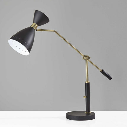 32" Black And Gold Metal Desk Lamp With Cinched Cone Shade