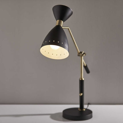 32" Black And Gold Metal Desk Lamp With Cinched Cone Shade