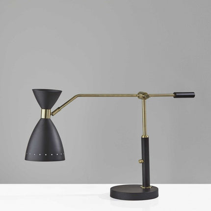 32" Black And Gold Metal Desk Lamp With Cinched Cone Shade