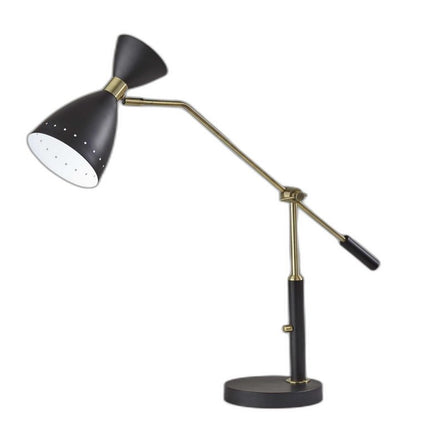 32" Black And Gold Metal Desk Lamp With Cinched Cone Shade