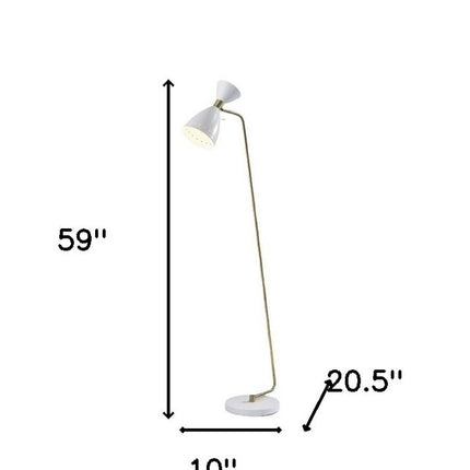 59" Gold And White Task Floor Lamp With White Metal Cone Shade