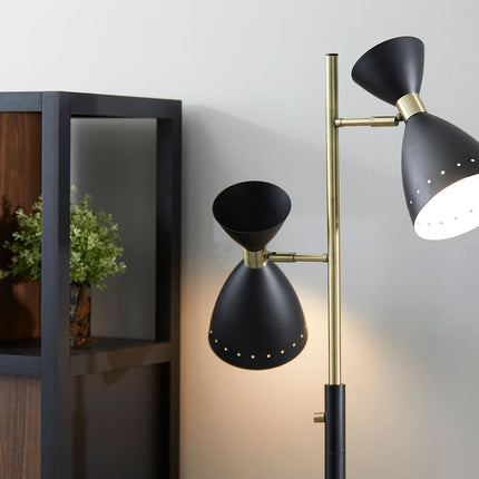 68" Black And Gold Metal Two Light Task Floor Lamp With Black Metal Cone Shade