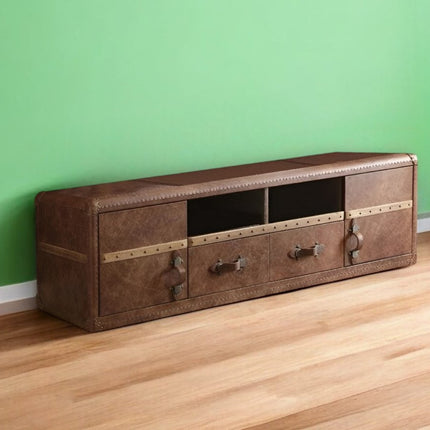 80" Brown Leather Enclosed and Open Storage TV Stand