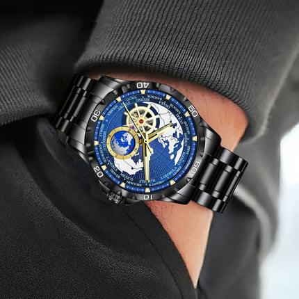 Men's Automatic Watch, Rotating Little Earth Blue Dial Men's Mechanical Watch Steel Strap Stopwatch