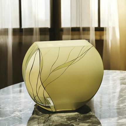 9" Green Round Crystal Glass Table Vase With Sculptural Details